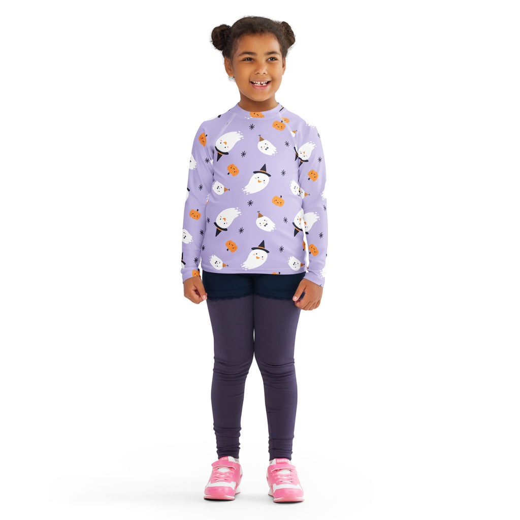 Girls ghost witch long sleeve rash guard swim shirt in lavender with white ghosts and orange pumpkins with upf 50+