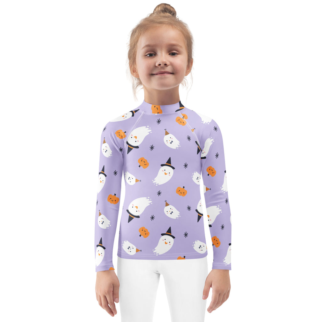 Girls ghost witch long sleeve rash guard swim shirt lavender with playful halloween pattern and UPF 50 plus protection