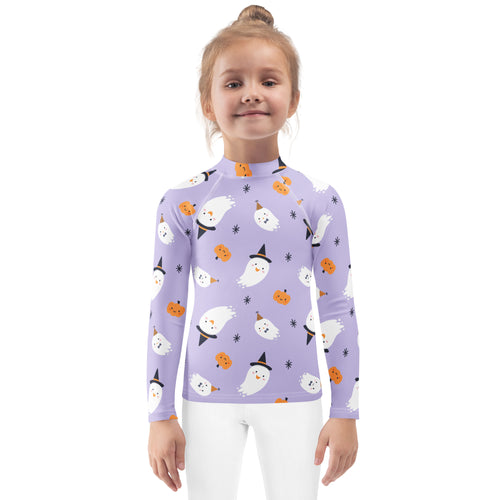 Girls ghost witch long sleeve rash guard swim shirt lavender with playful halloween pattern and UPF 50 plus protection