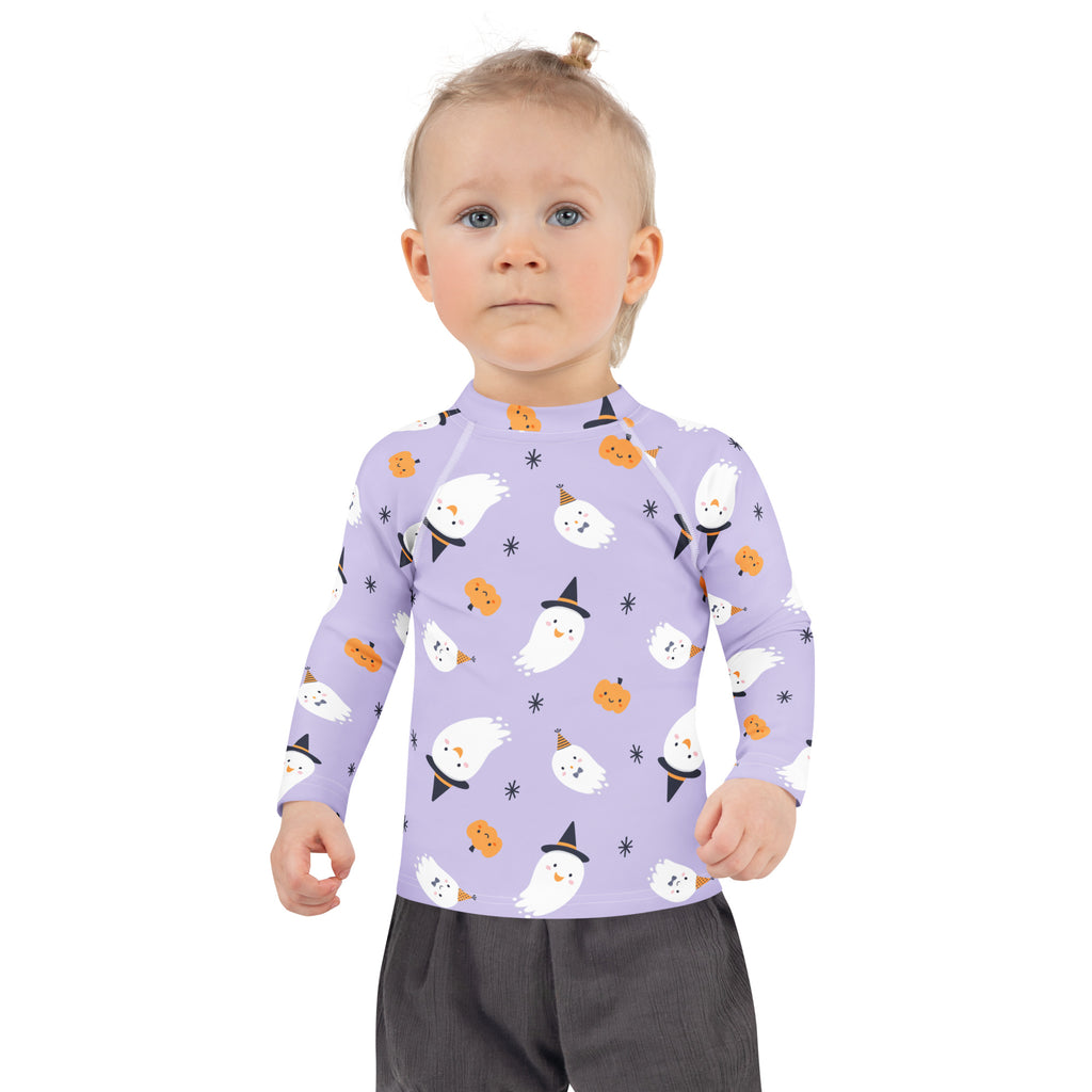 Girls ghost witch long sleeve rash guard swim shirt in lavender with white ghosts and orange pumpkins pattern upf 50+
