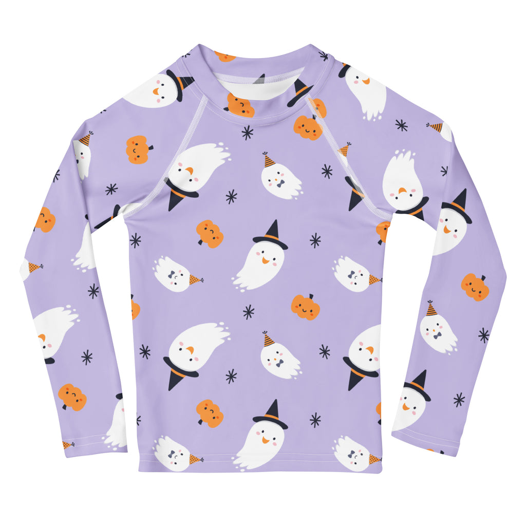 Purple girls long sleeve rash guard swim shirt with white ghost and pumpkin pattern and UPF 50 plus sun protection