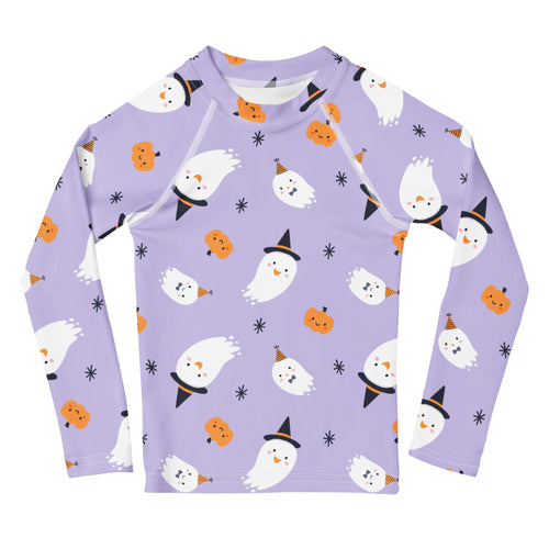 Purple girls long sleeve rash guard swim shirt with white ghost and pumpkin pattern and UPF 50 plus sun protection