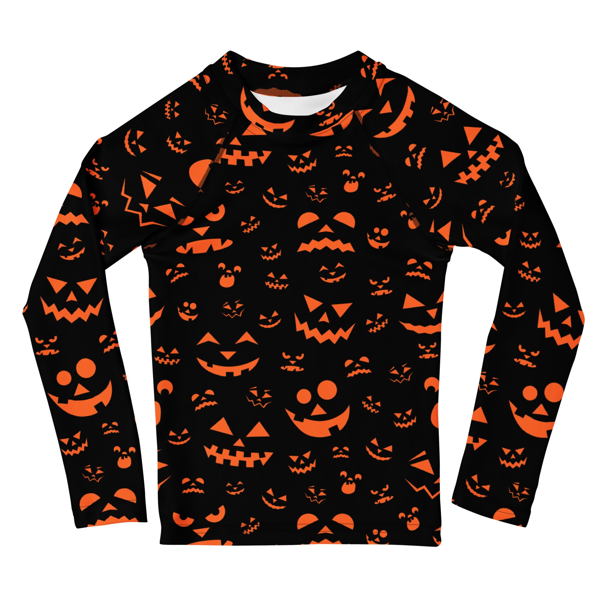 Kids orange jack-o-lantern faces halloween long sleeve rash guard swim shirt with upf 50 plus in black