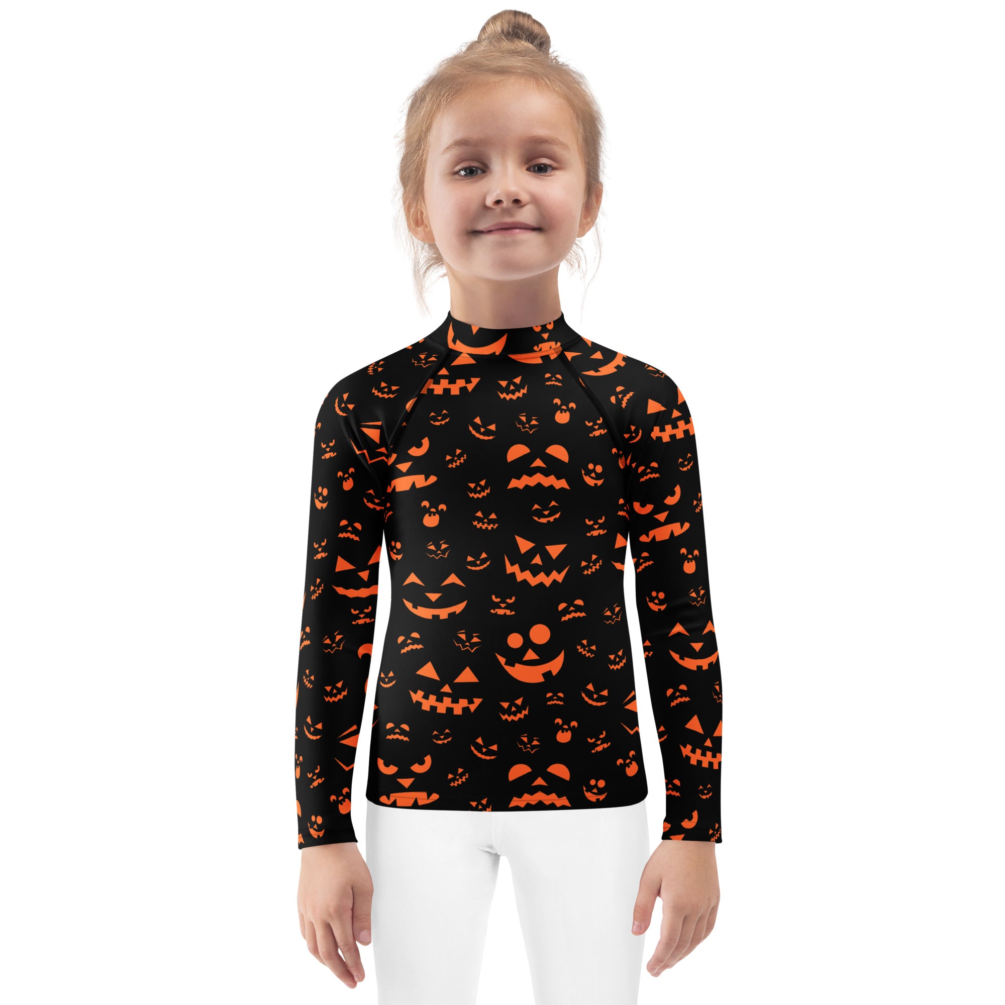 Kids orange jack-o-lantern faces halloween long sleeve rash guard swim shirt in black with upf 50+ sun protection