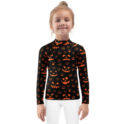 Kids Orange Jack-O'-Lantern Faces Halloween Long Sleeve Rash Guard Swim Shirt With UPF 50+