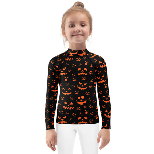 Kids Orange Jack-O'-Lantern Faces Halloween Long Sleeve Rash Guard Swim Shirt With UPF 50+