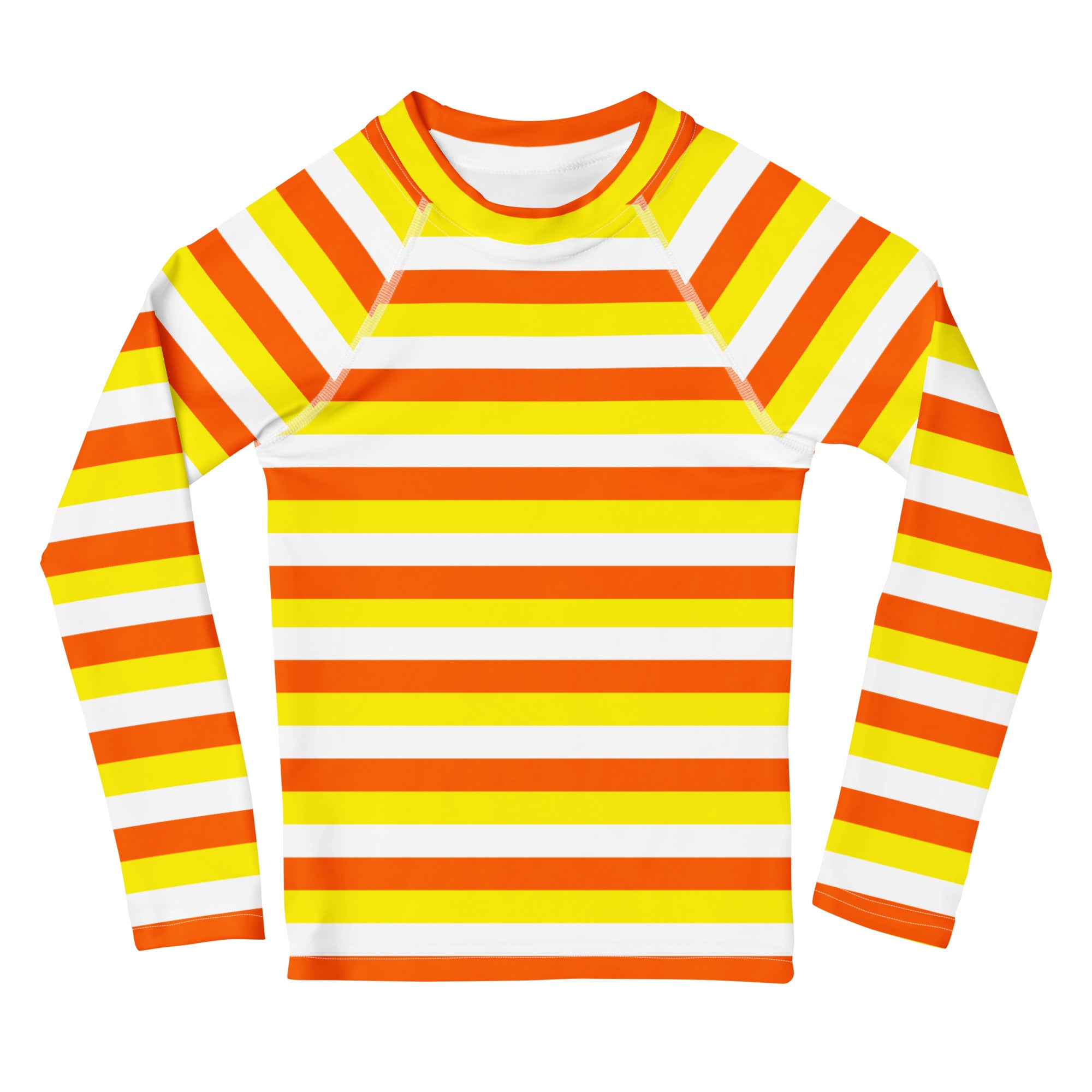 Kids candy corn stripes halloween long sleeve rash guard swim shirt with bold orange yellow and white stripes and upf 50+