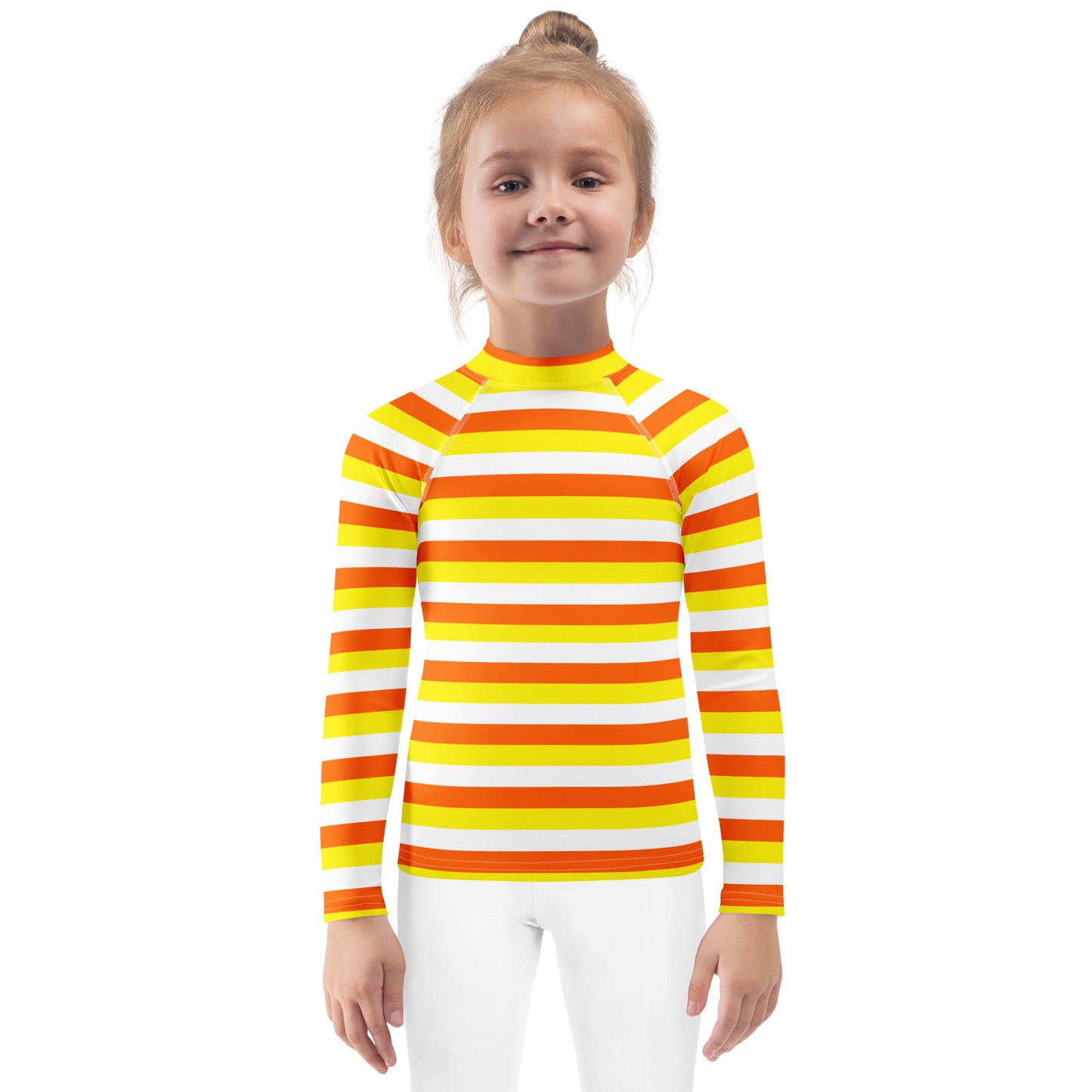 Kids Candy Corn Stripes Halloween Long Sleeve Rash Guard Swim Shirt With UPF 50+