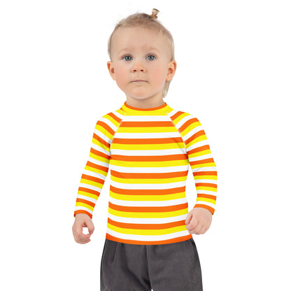 Kids Candy Corn Stripes Halloween Long Sleeve Rash Guard Swim Shirt With UPF 50+