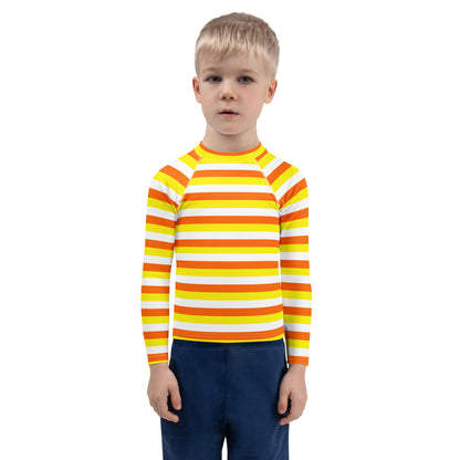 Kids Candy Corn Stripes Halloween Long Sleeve Rash Guard Swim Shirt With UPF 50+