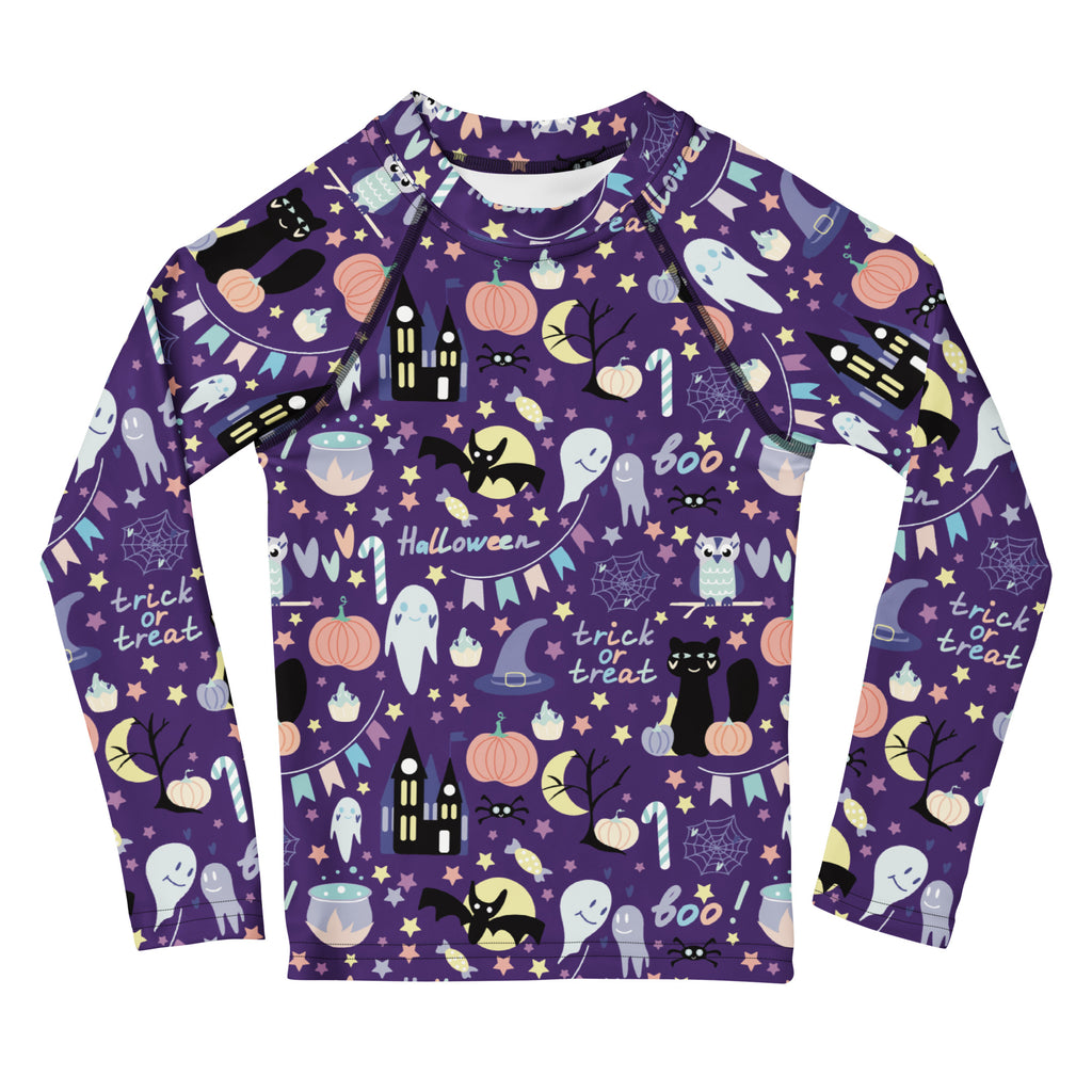 Kids spooky halloween long sleeve rash guard in purple with playful ghost pumpkin bat and candy cane pattern with upf 50+