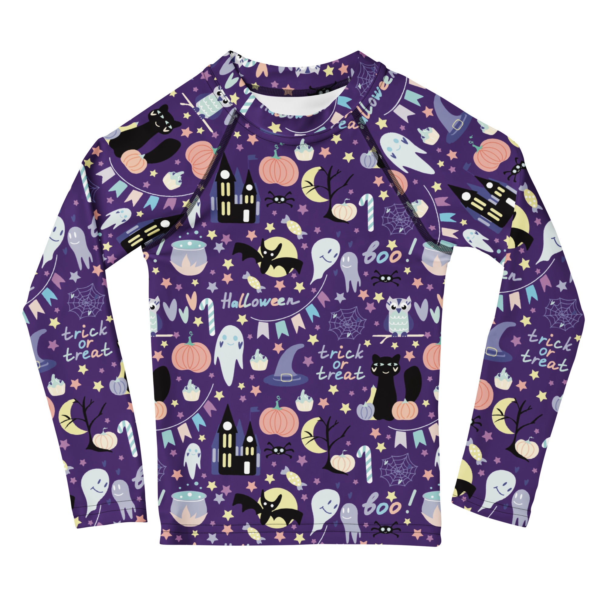 Kids spooky halloween long sleeve rash guard in purple with playful ghost pumpkin bat and candy cane pattern with upf 50+
