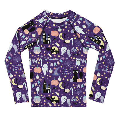 Kids Spooky Halloween Long Sleeve Rash Guard Swim Shirt With UPF 50+