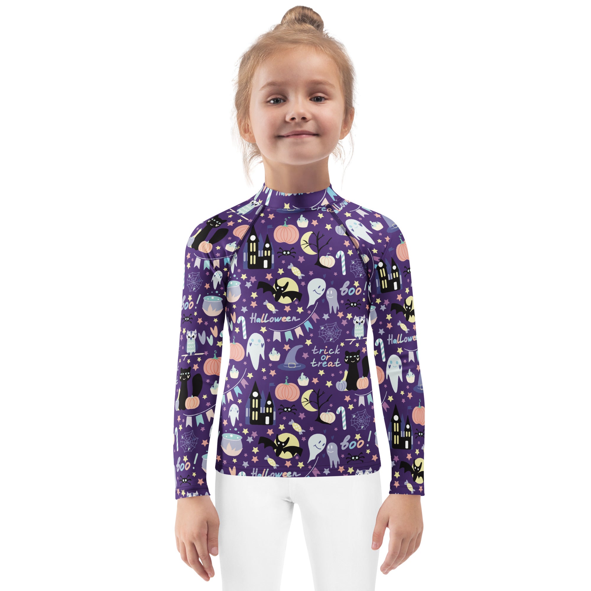 Kids spooky halloween purple long sleeve rash guard swim shirt with upf 50 plus featuring ghosts pumpkins bats and castles