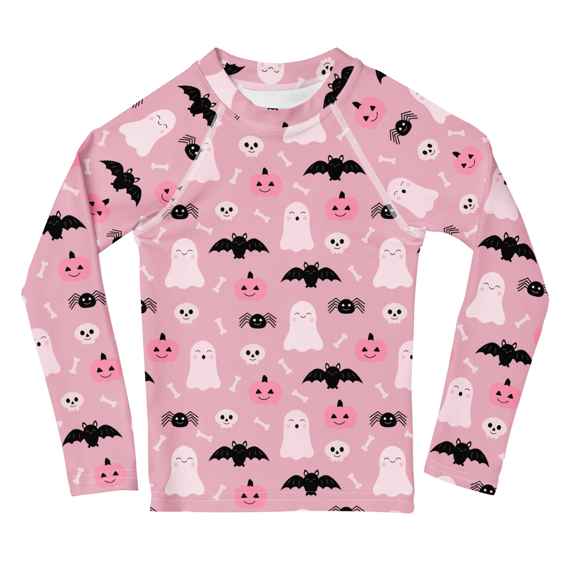 Girls pink long sleeve rash guard with playful halloween ghosts bats pumpkins and spiders pattern upf 50 plus protection