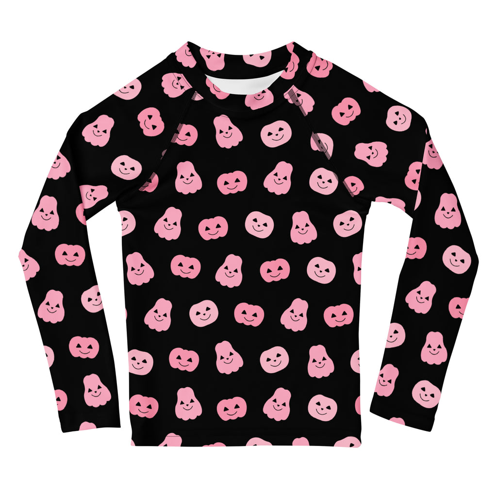 Girls Pink Pumpkins Halloween Long Sleeve Rash Guard Swim Shirt With UPF 50+