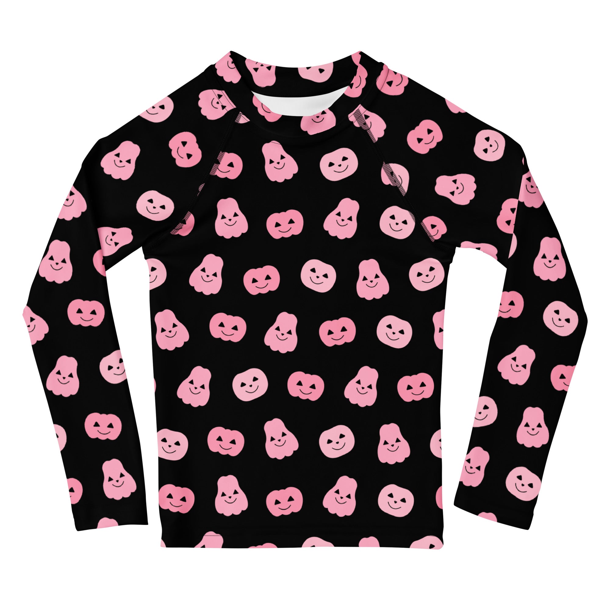 Girls Pink Pumpkins Halloween Long Sleeve Rash Guard Swim Shirt With UPF 50+