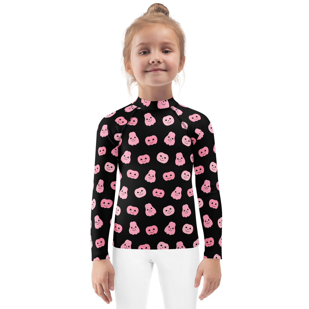 Girls Pink Pumpkins Halloween Long Sleeve Rash Guard Swim Shirt With UPF 50+