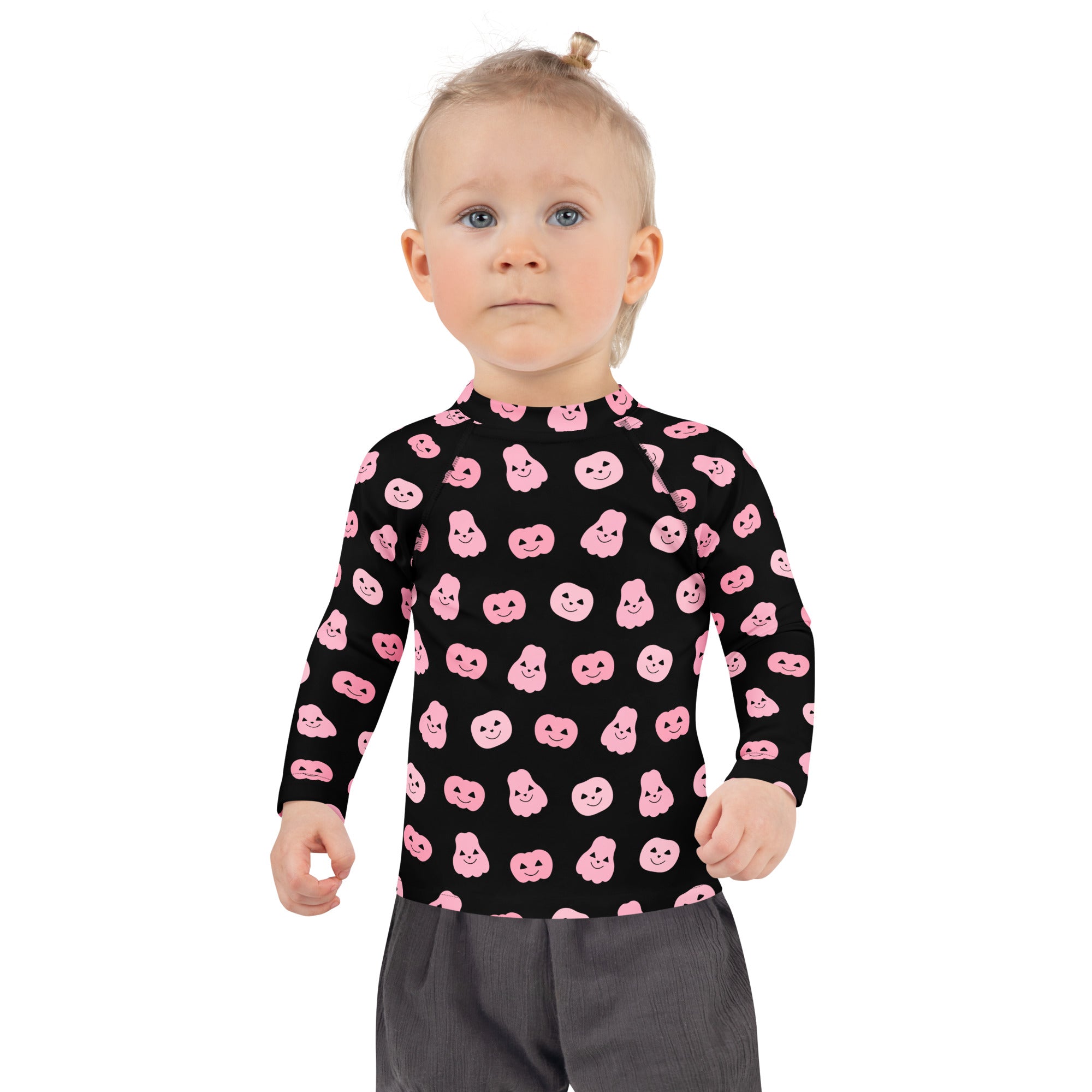 Girls Pink Pumpkins Halloween Long Sleeve Rash Guard Swim Shirt With UPF 50+