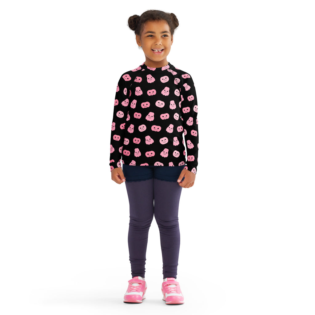 Girls Pink Pumpkins Halloween Long Sleeve Rash Guard Swim Shirt With UPF 50+