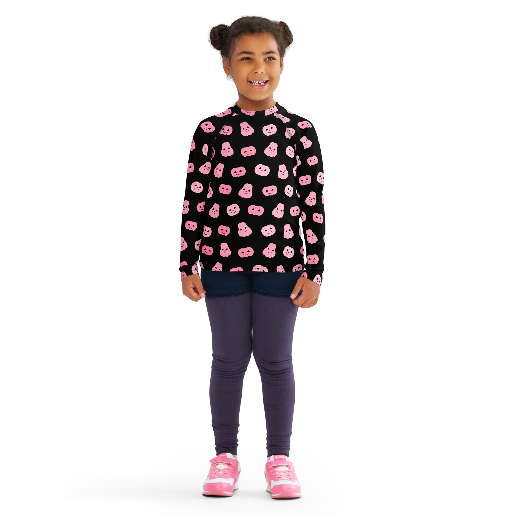 Girls Pink Pumpkins Halloween Long Sleeve Rash Guard Swim Shirt With UPF 50+