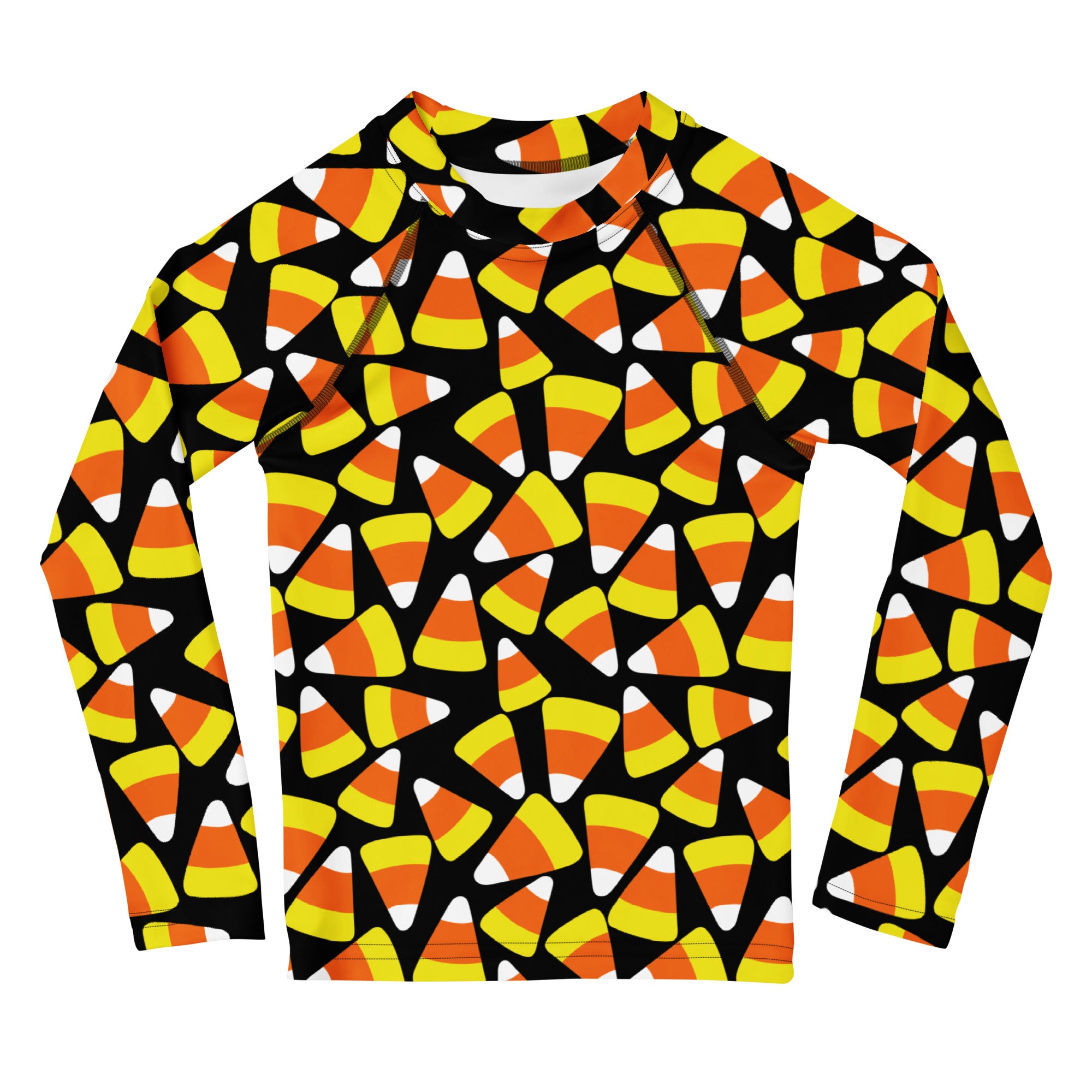 Kids candy corn halloween long sleeve rash guard swim shirt with upf 50 plus featuring vibrant candy corn pattern