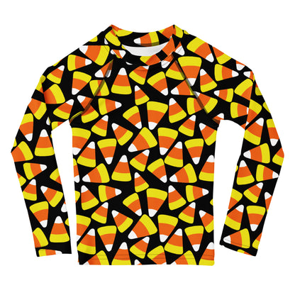 Kids Candy Corn Halloween Long Sleeve Rash Guard Swim Shirt With UPF 50+