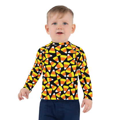 Kids Candy Corn Halloween Long Sleeve Rash Guard Swim Shirt With UPF 50+