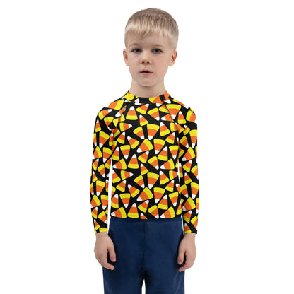 Kids Candy Corn Halloween Long Sleeve Rash Guard Swim Shirt With UPF 50+