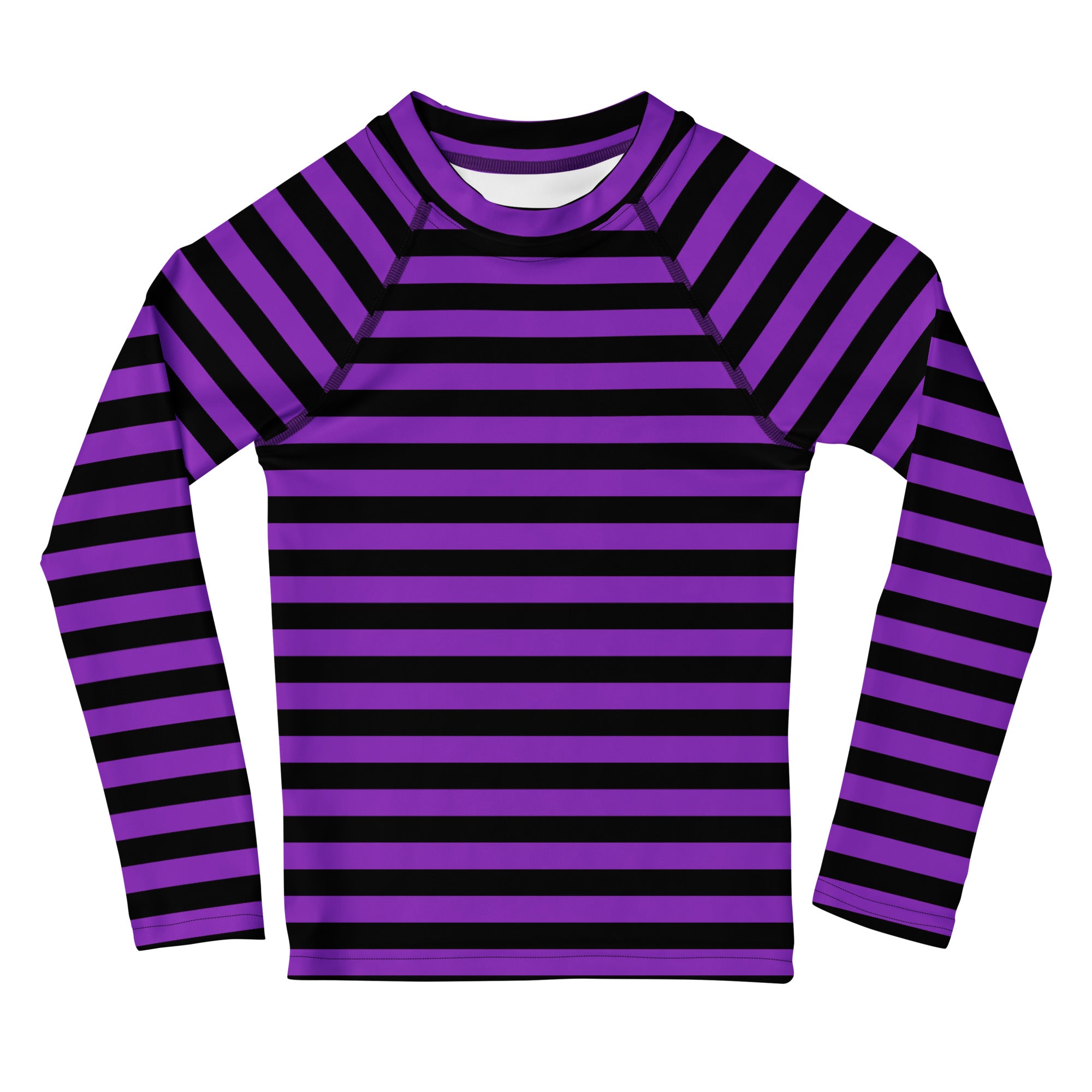 Kids purple and black striped long sleeve rash guard swim shirt with upf 50 plus for halloween use