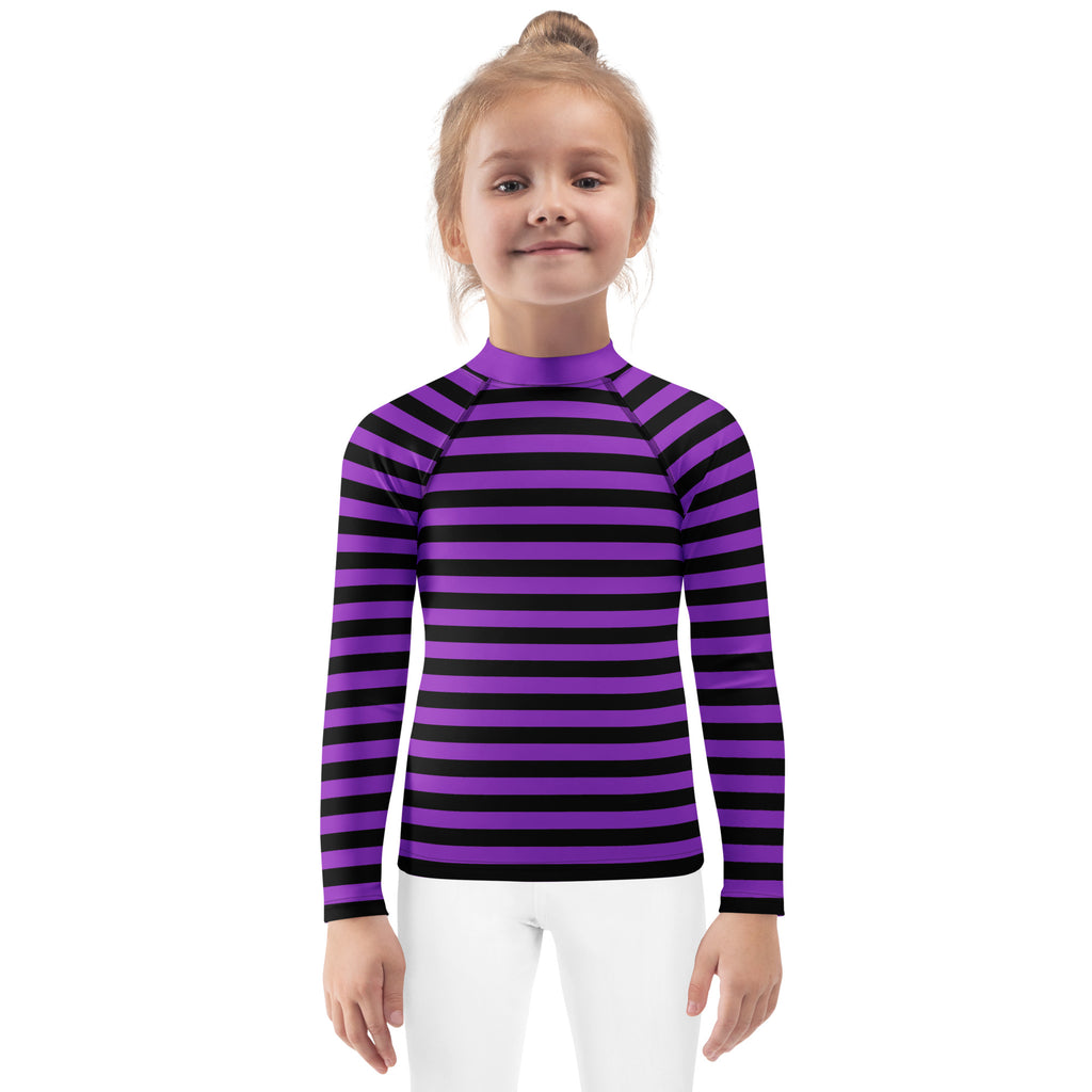Kids purple and black horizontally striped long sleeve rash guard swim shirt with UPF 50 plus for Halloween