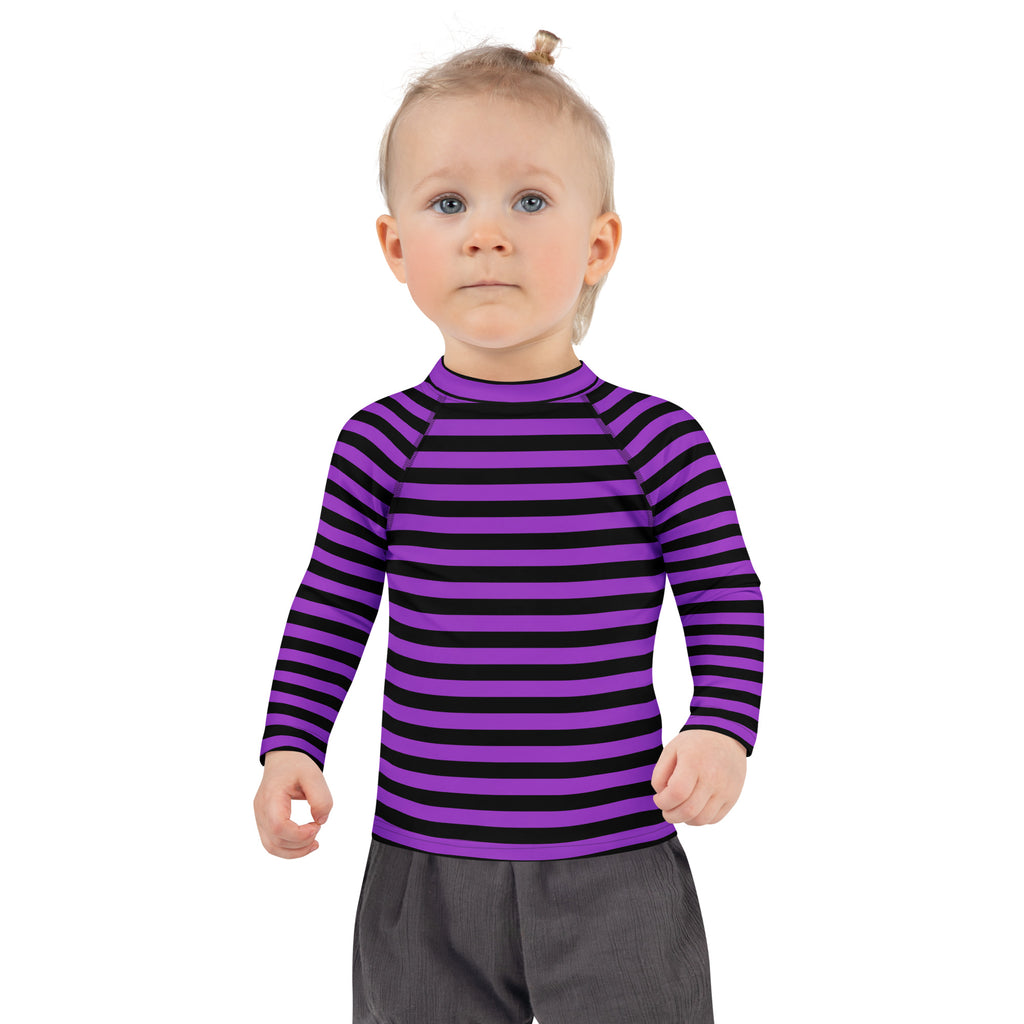 Kids purple and black horizontally striped long sleeve rash guard swim shirt with upf 50 plus for halloween