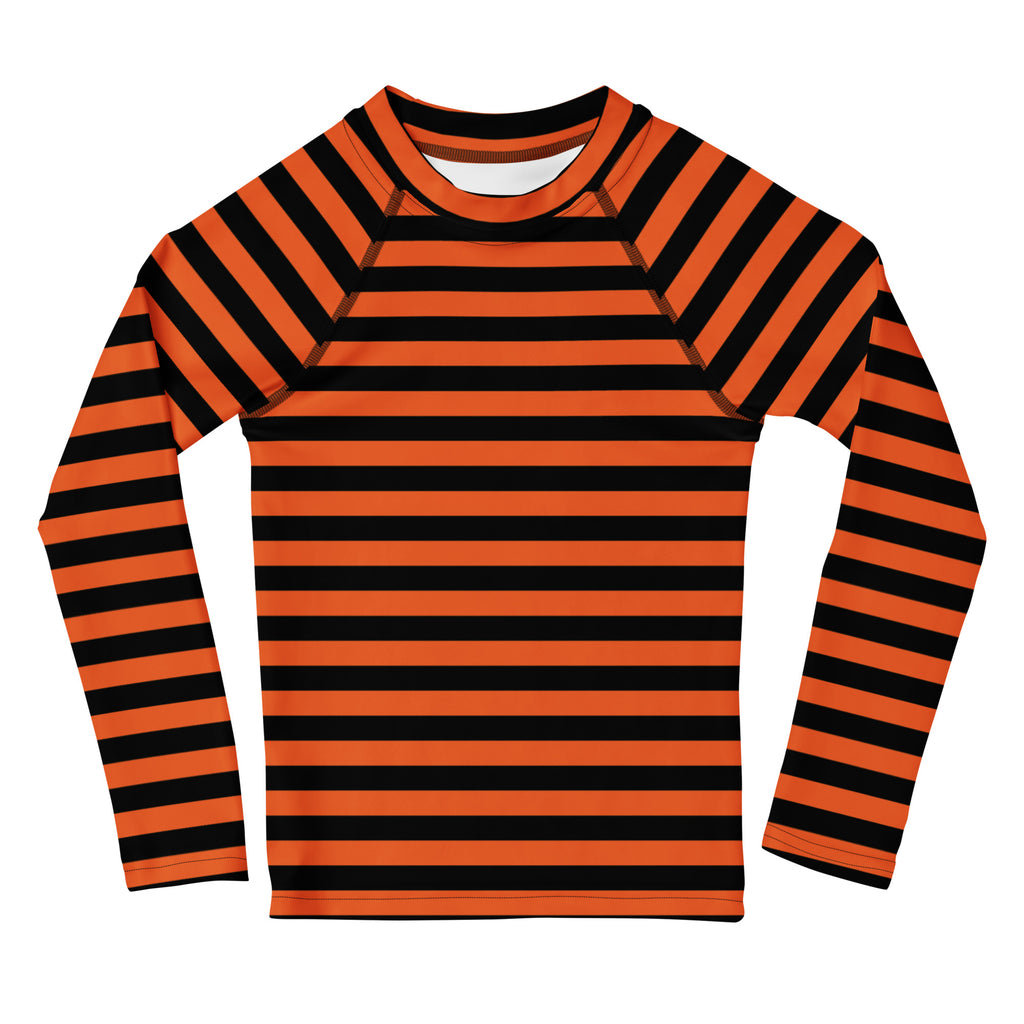 Kids orange and black horizontally striped long sleeve rash guard swim shirt with UPF 50 plus for sun protection