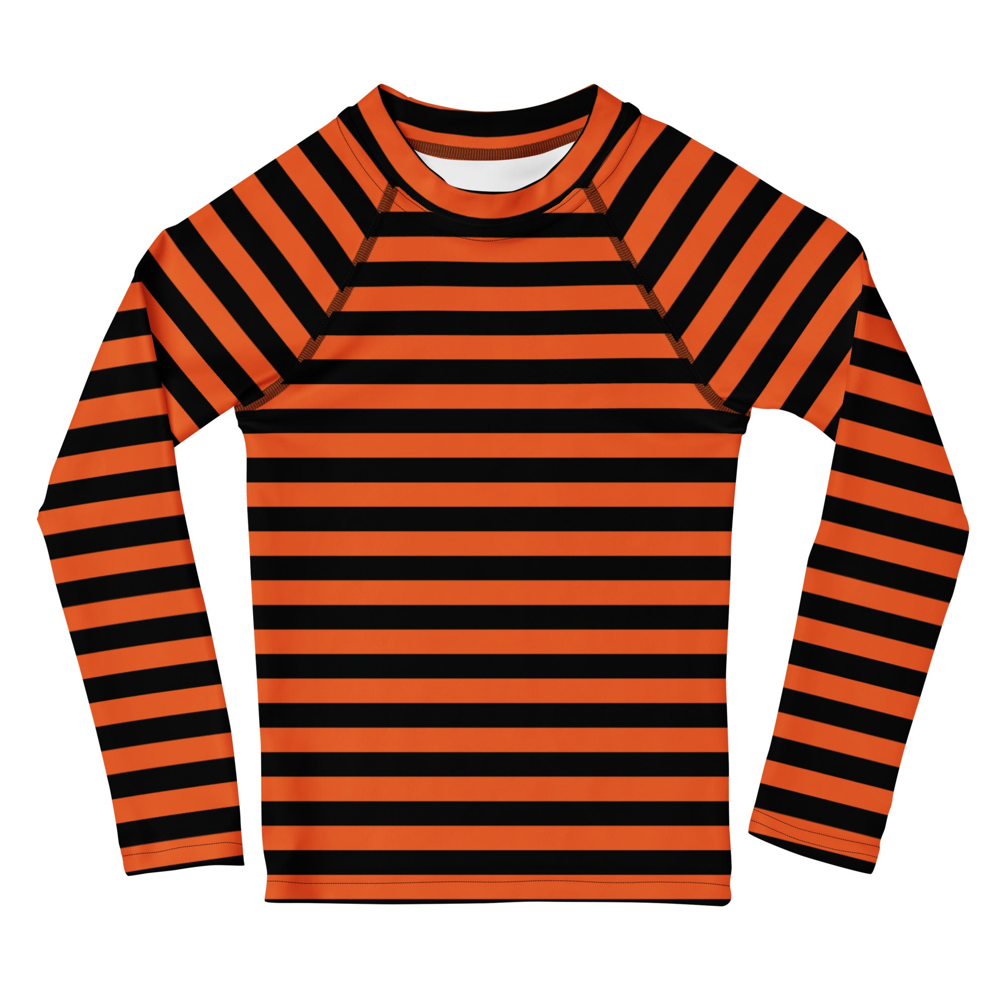 Kids orange and black horizontally striped long sleeve rash guard swim shirt with UPF 50 plus for sun protection