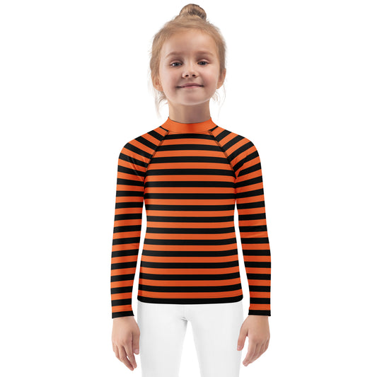 Kids Orange and Black Halloween Long Sleeve Rash Guard Swim Shirt With UPF 50+