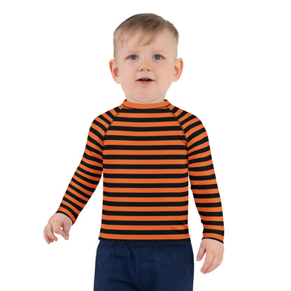 Kids Orange and Black Halloween Long Sleeve Rash Guard Swim Shirt With UPF 50+