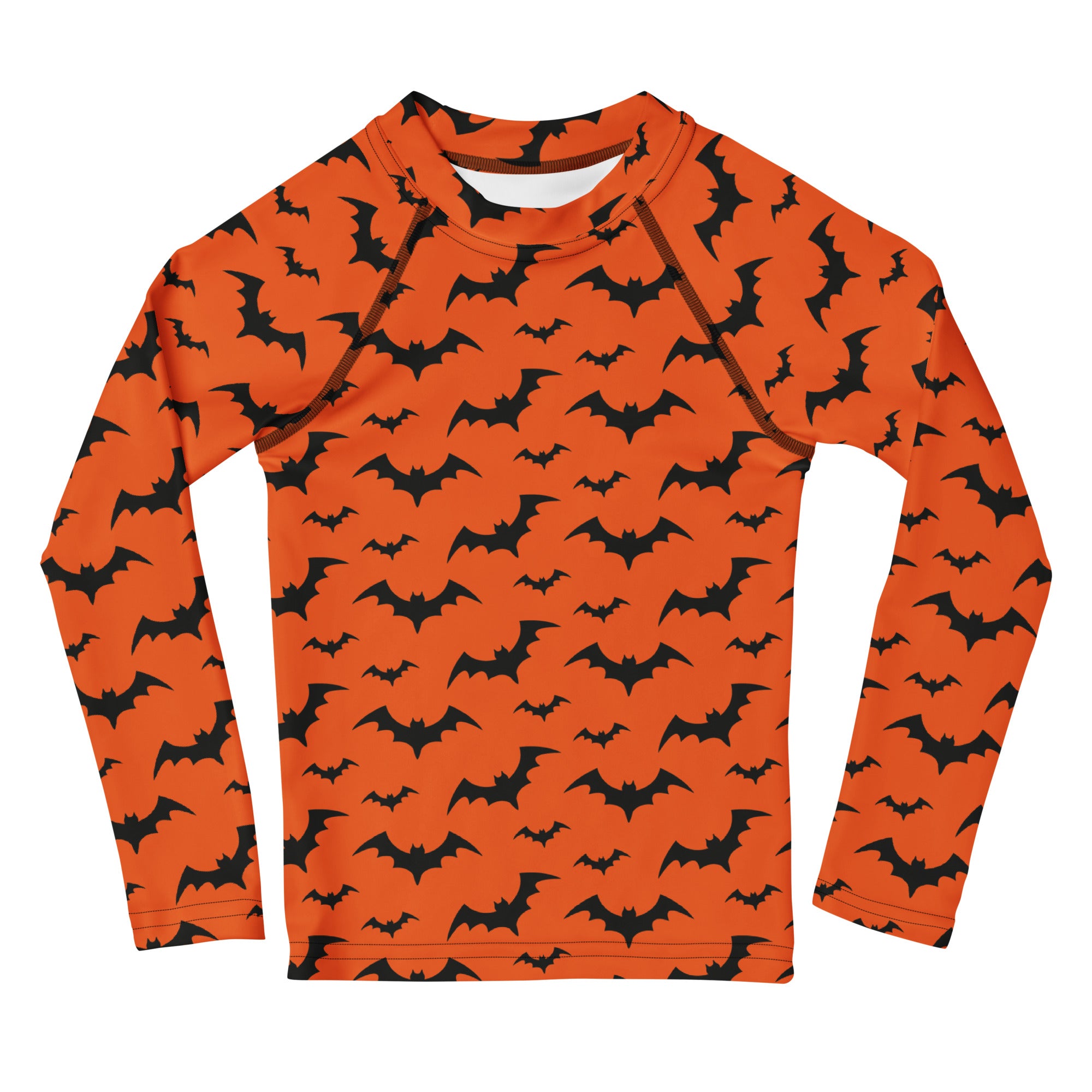 Kids orange long sleeve rash guard swim shirt with black bat pattern and UPF 50 plus sun protection for Halloween