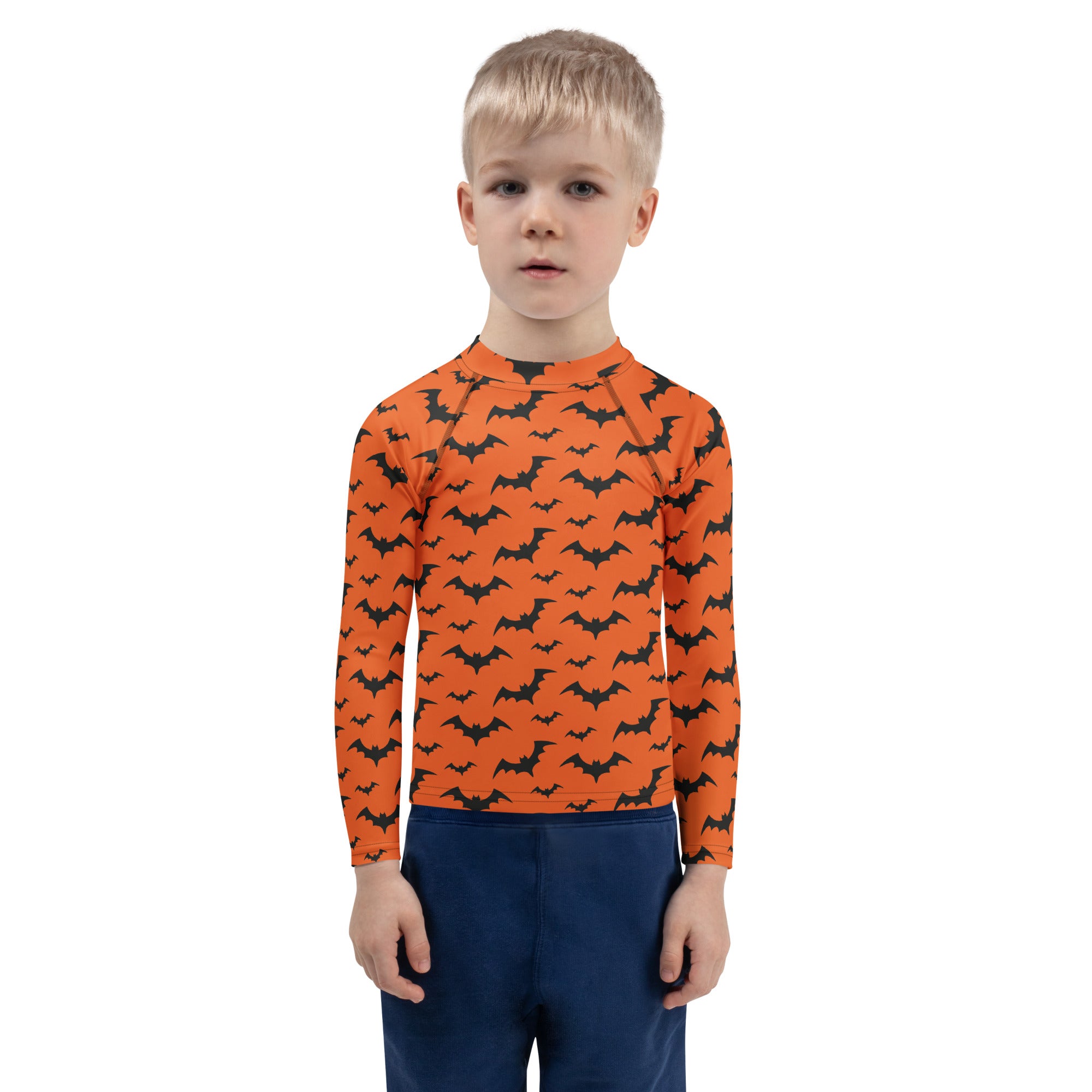 Kids orange long sleeve rash guard swim shirt with black bat pattern and UPF 50 plus for Halloween swimming