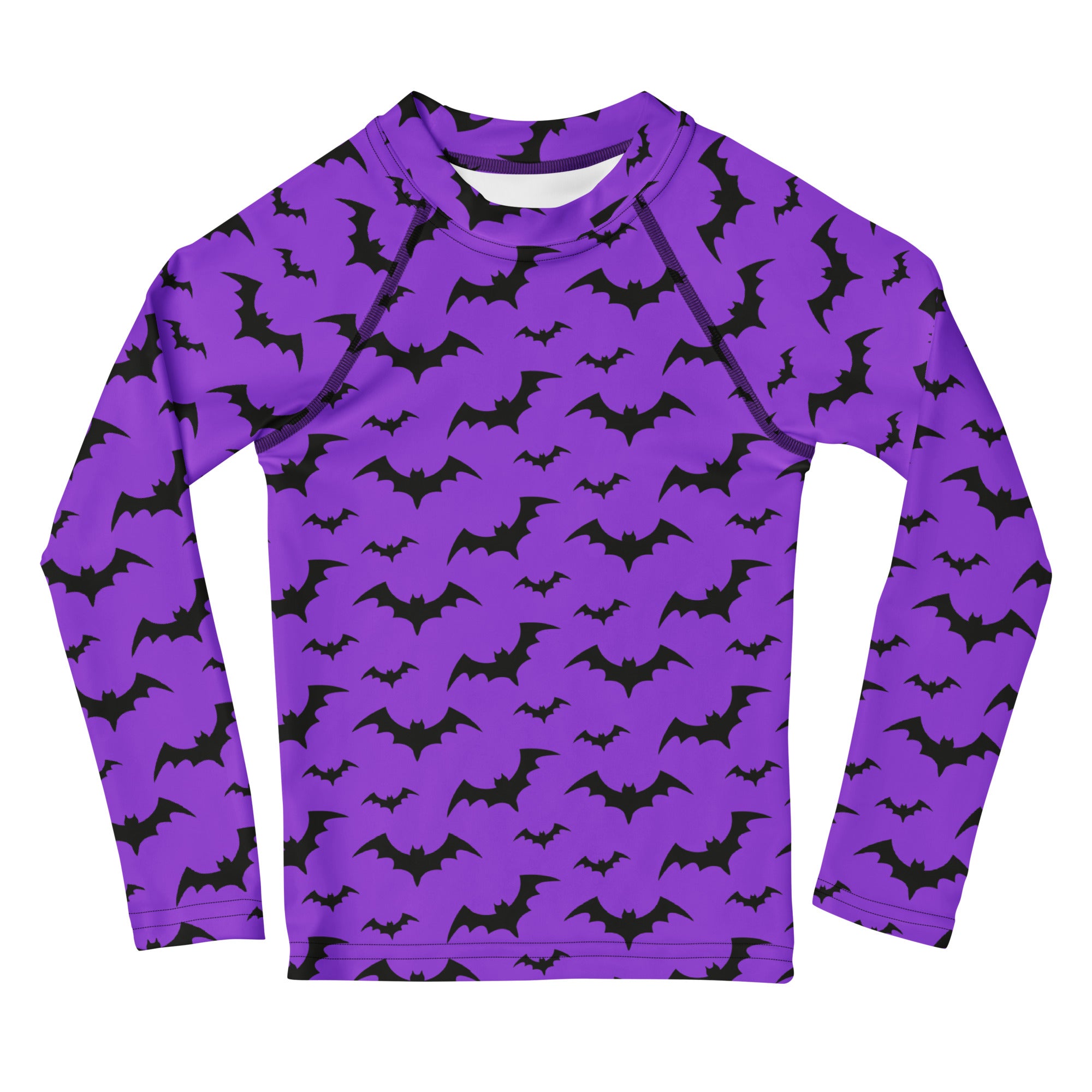 Kids purple long sleeve rash guard swim shirt with black bat pattern and upf 50 plus for halloween protection
