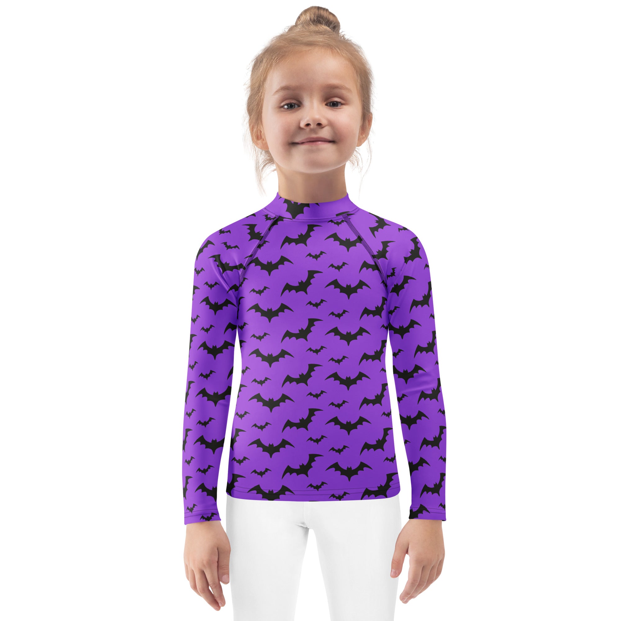 Kids purple long sleeve rash guard swim shirt with black bat prints and UPF 50 plus for Halloween protection