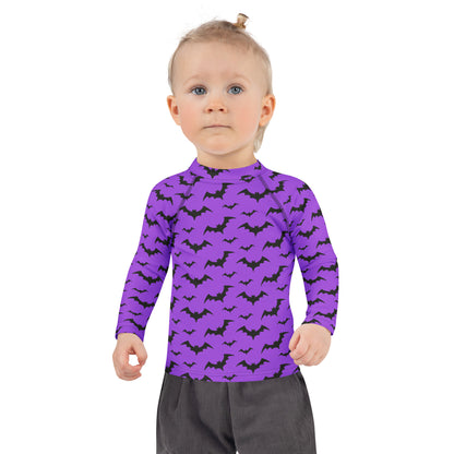 Kids Purple Bats Halloween Long Sleeve Rash Guard Swim Shirt With UPF 50+