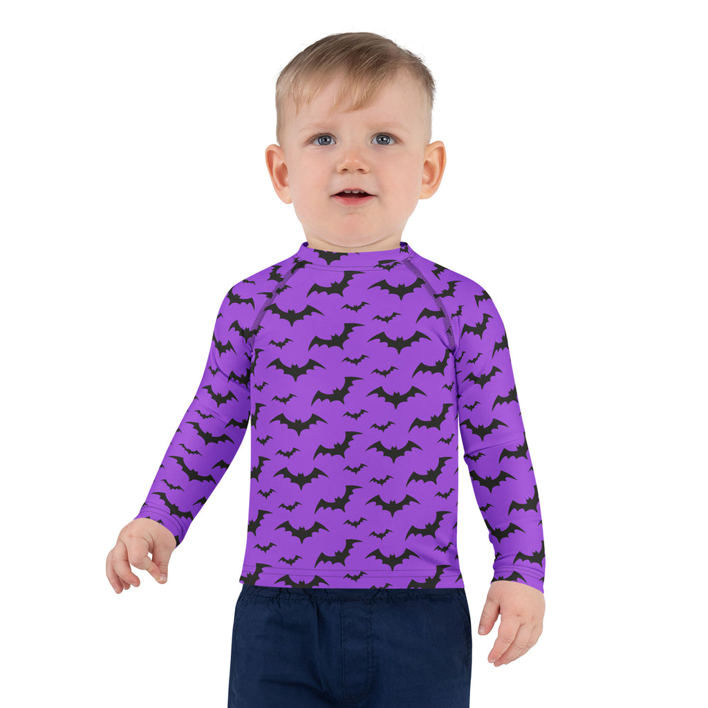 Kids purple bats halloween long sleeve rash guard swim shirt with upf 50 and black bat patterns