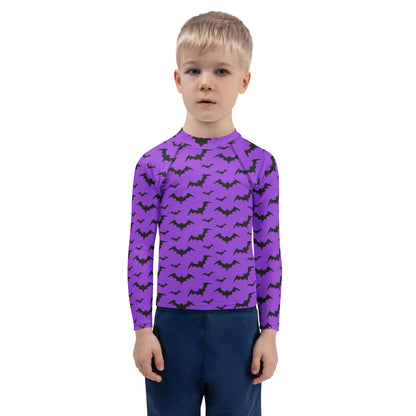 Kids Purple Bats Halloween Long Sleeve Rash Guard Swim Shirt With UPF 50+