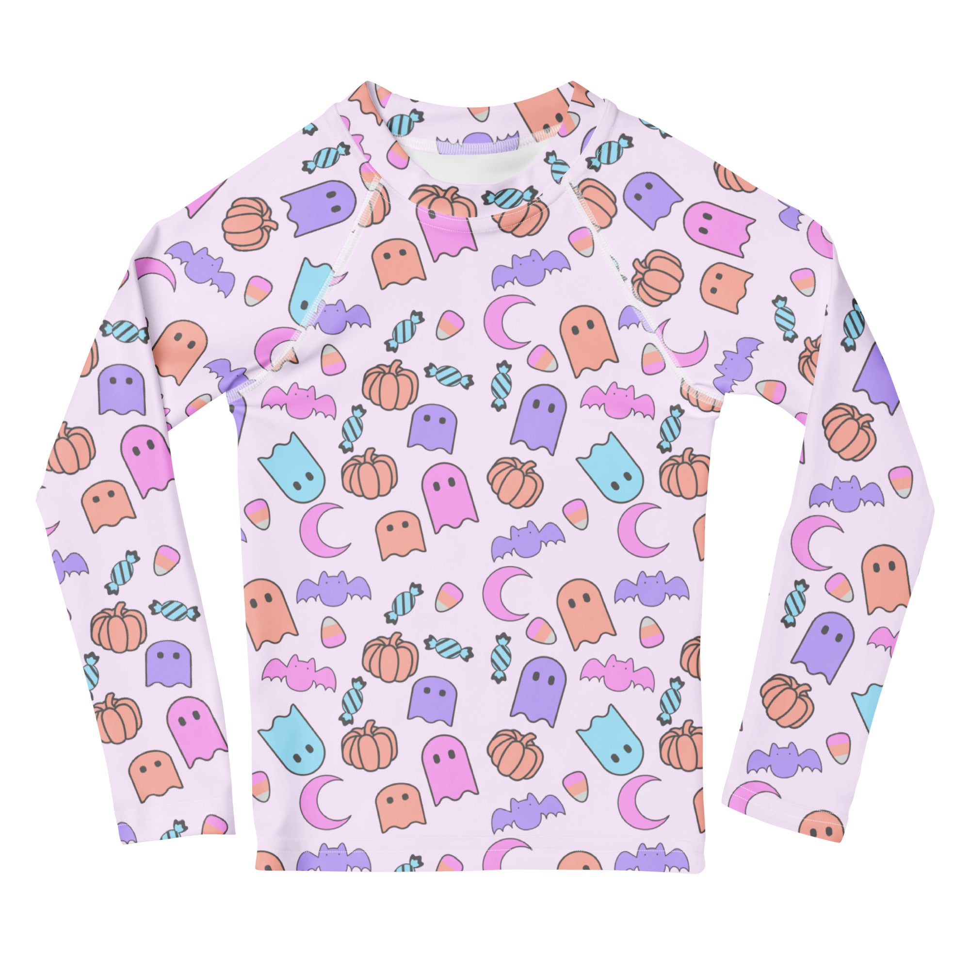 Pastel-colored girls halloween pattern long sleeve rash guard swim shirt with playful ghosts bats pumpkins and candy design