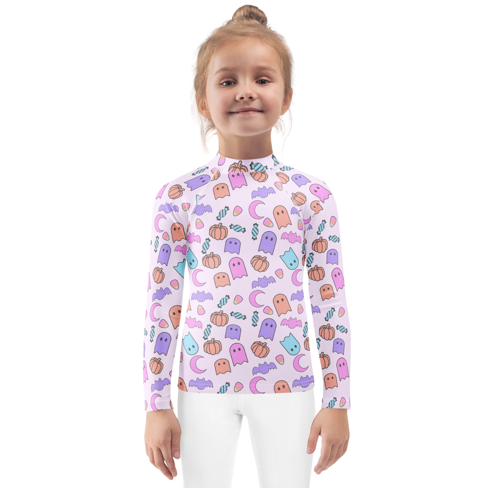 Girls halloween pattern long sleeve rash guard swim shirt in light lavender with pastel ghost pumpkin bat and moon print