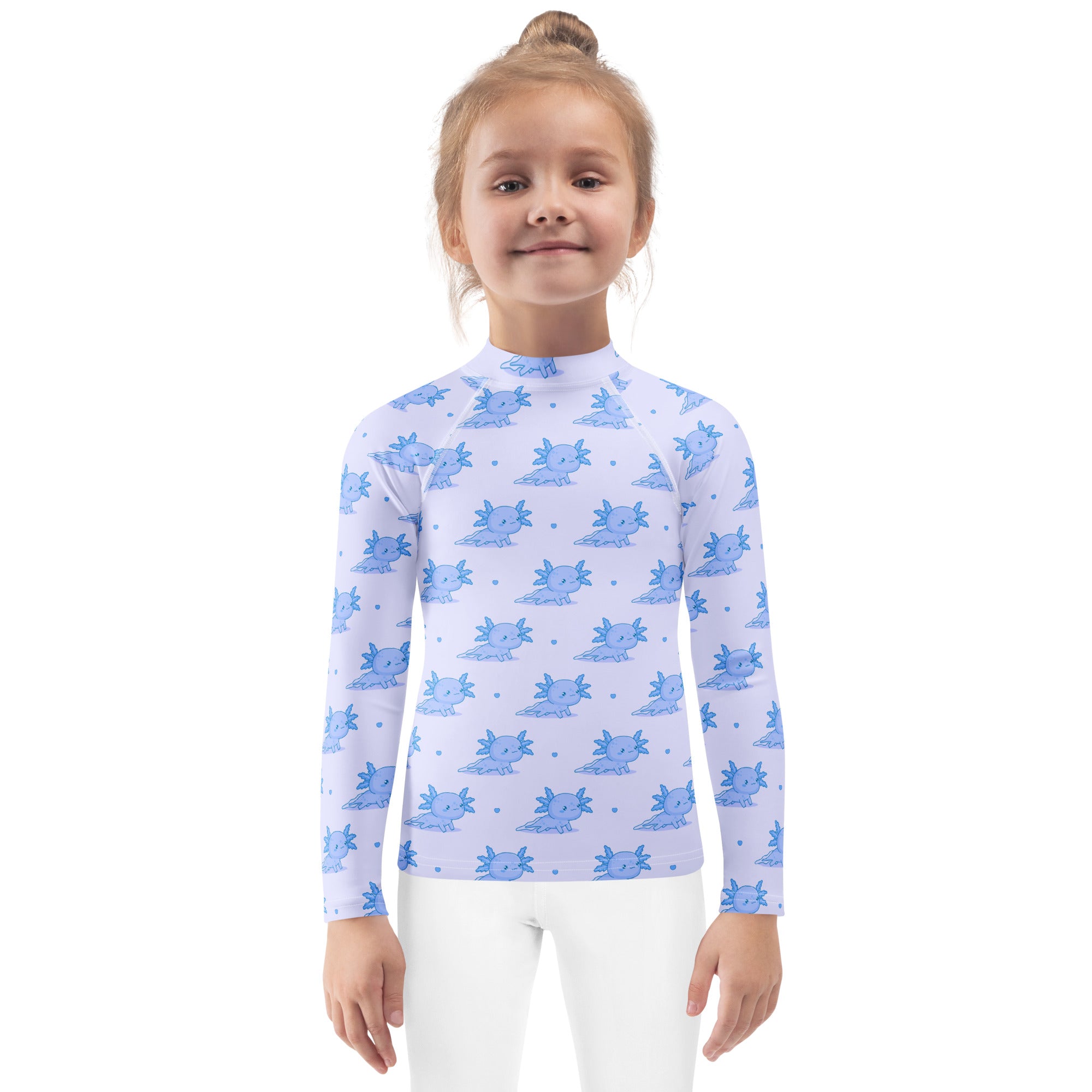 Kids Blue Axolotl Long Sleeve Rash Guard Swim Shirt With UPF 50+