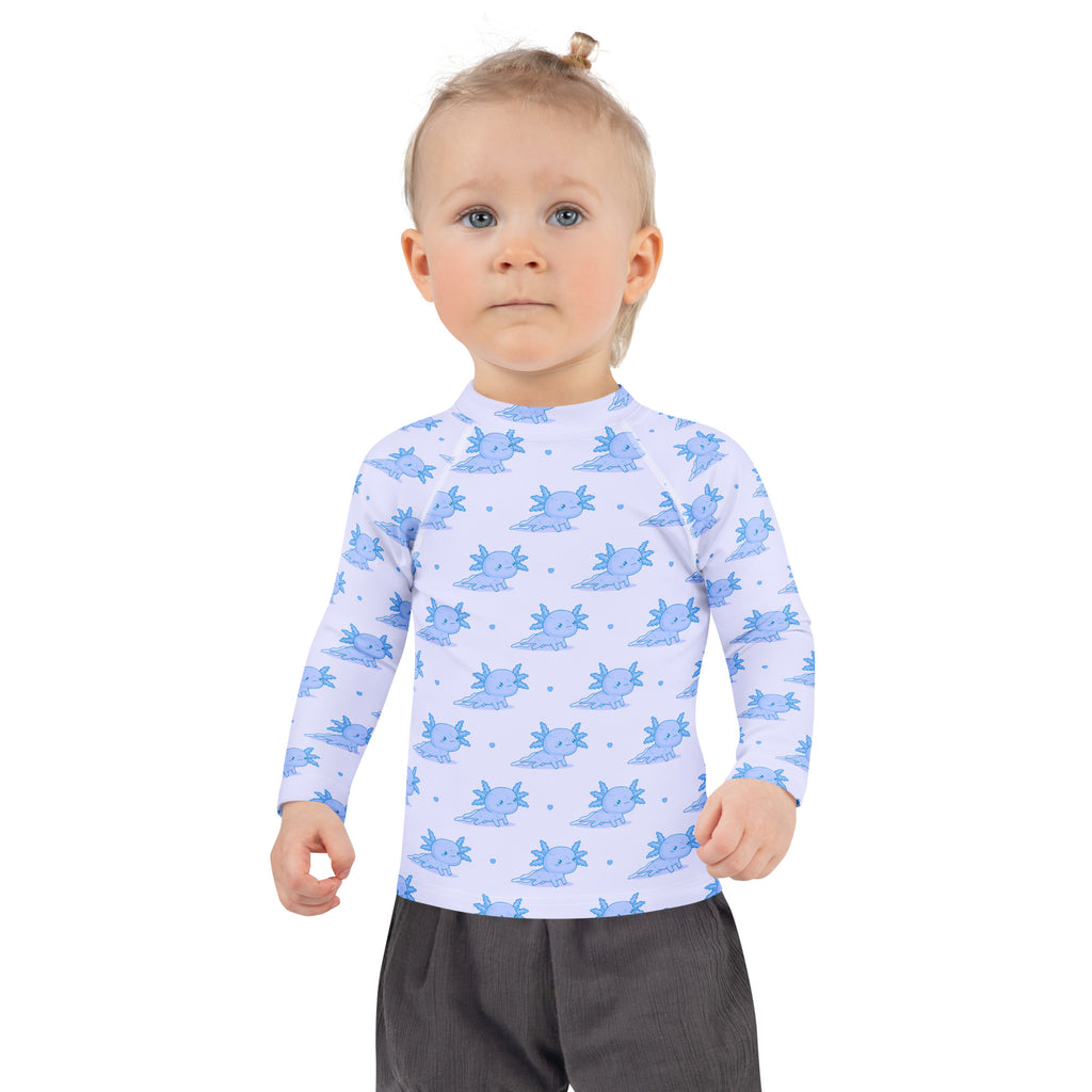 Kids Blue Axolotl Long Sleeve Rash Guard Swim Shirt With UPF 50+