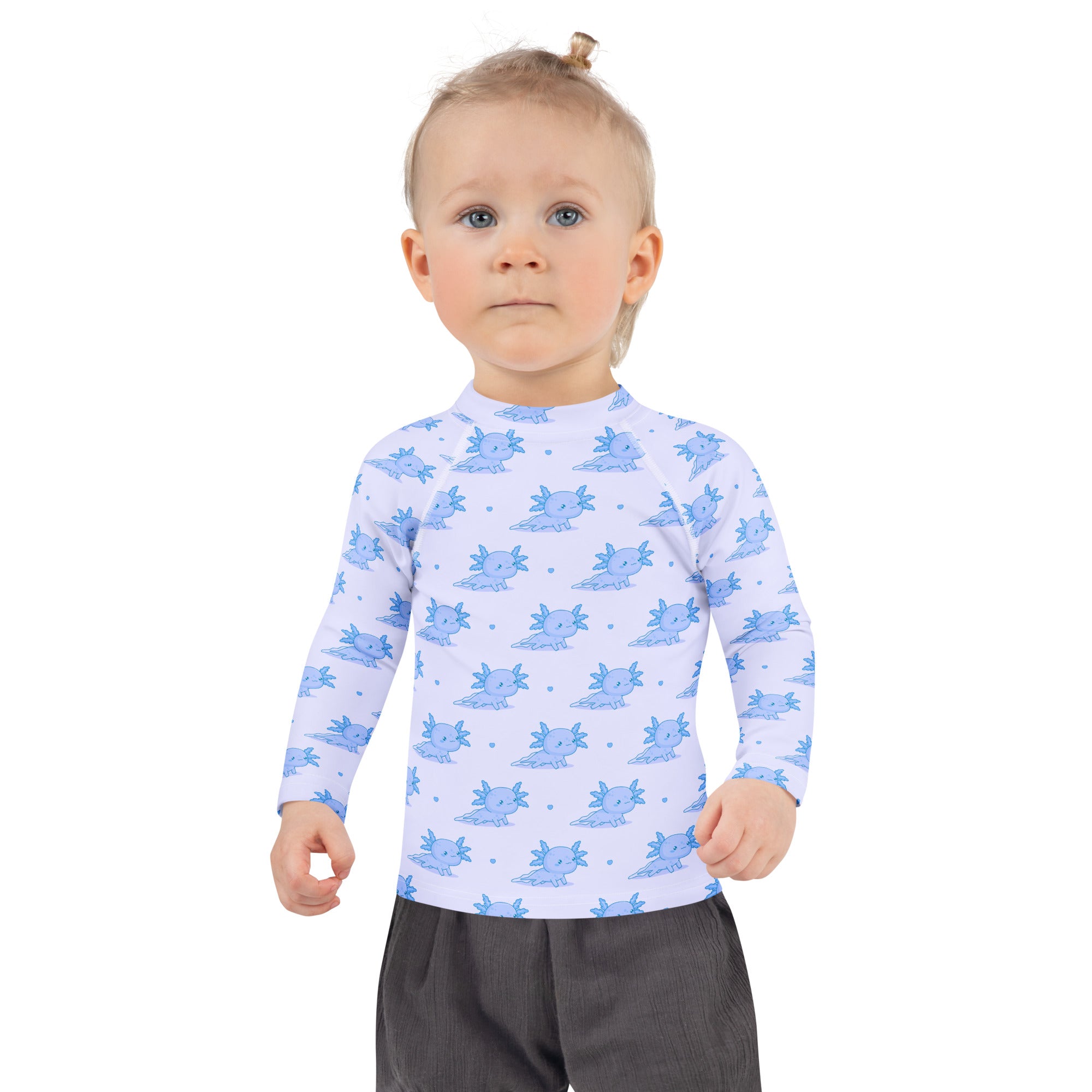 Kids Blue Axolotl Long Sleeve Rash Guard Swim Shirt With UPF 50+