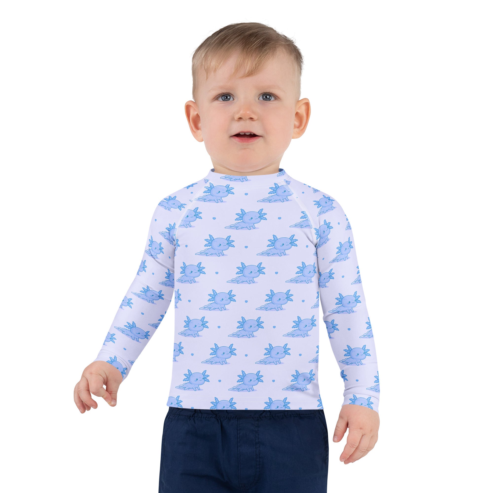 Kids Blue Axolotl Long Sleeve Rash Guard Swim Shirt With UPF 50+