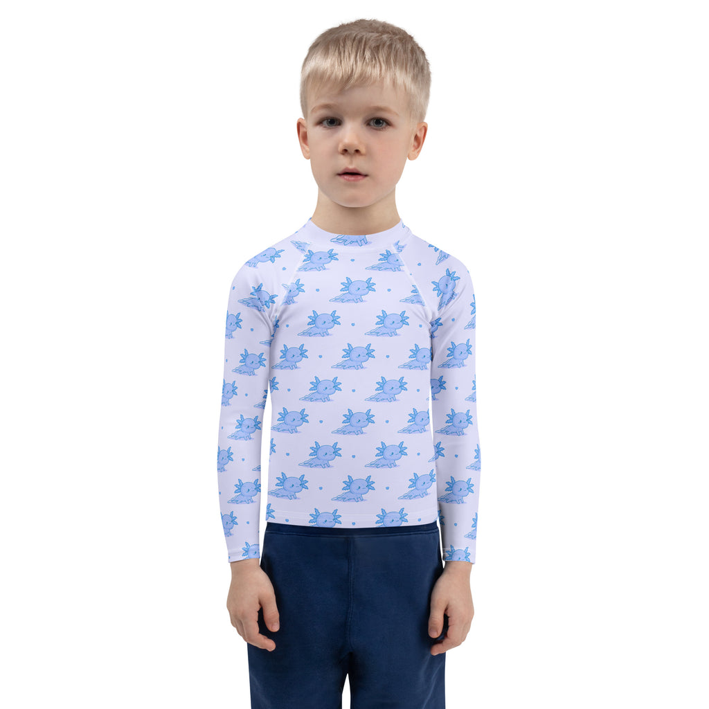 Kids Blue Axolotl Long Sleeve Rash Guard Swim Shirt With UPF 50+